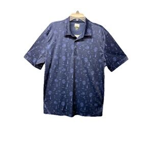 Greg Norman Men Polo Navy Blue Shirt Sz LG Golf Print Short Sleeve Easy Care